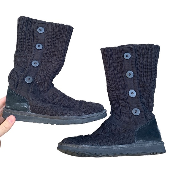 Ugg Australia Leland Cable Knit Boots With Buttons Size 6 Black - Picture 1 of 7